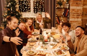 family gathers for holiday meal